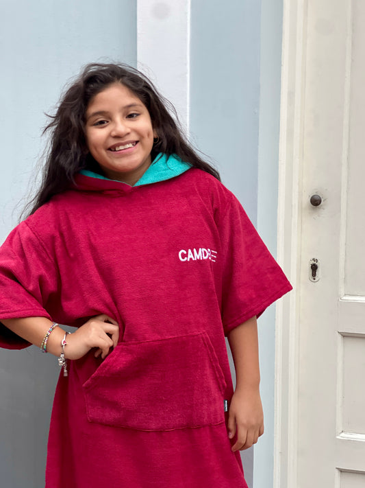 Poncho Camden Niños Rojo Vino con Turquesa