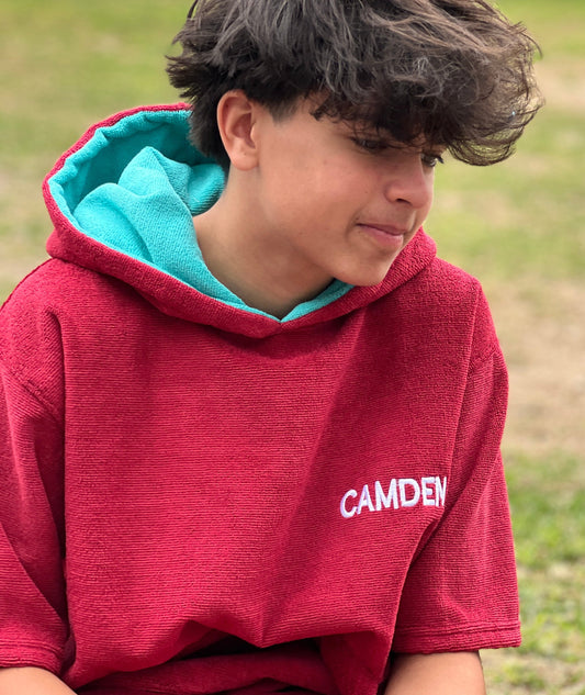 Poncho Camden Niños Rojo Vino con Turquesa